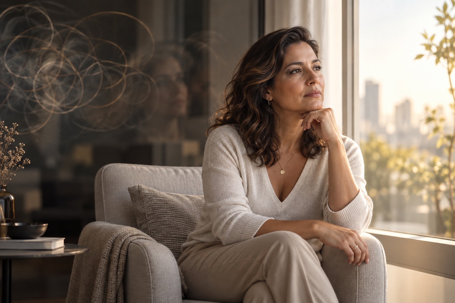 Mulher refletindo junto à janela sobre autoconhecimento e ruminação